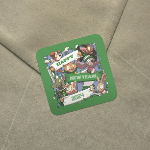 Pegatina Cuadrada Feliz Año Nuevo a los fans de los animales Persona