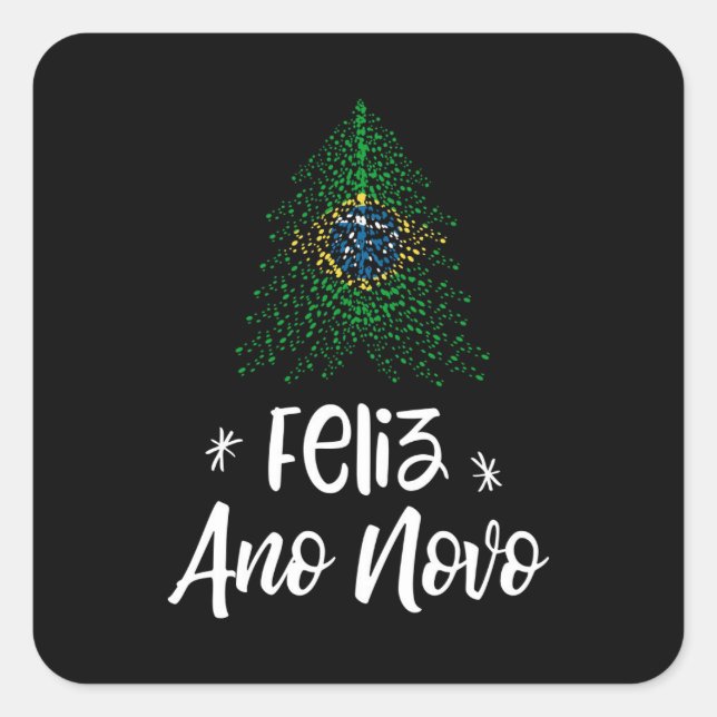 Pegatina Cuadrada Feliz Año Nuevo árbol de Navidad con bandera brasi (Anverso)