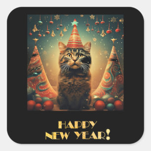 Pegatina Cuadrada Feliz Año Nuevo, Cat Design,