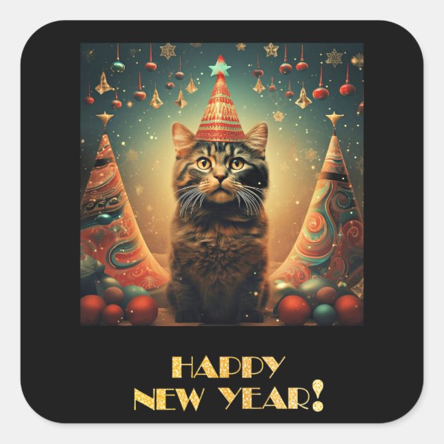 Pegatina Cuadrada Feliz Año Nuevo, Cat Design, (Anverso)
