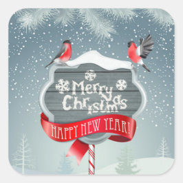 Pegatina Cuadrada Feliz año nuevo con los pájaros y los Navidades bl