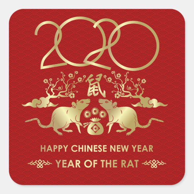Pegatina Cuadrada Feliz Año Nuevo de la Rata - 2020 (Anverso)