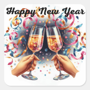 Pegatina Cuadrada Feliz Año Nuevo, deseos de champán
