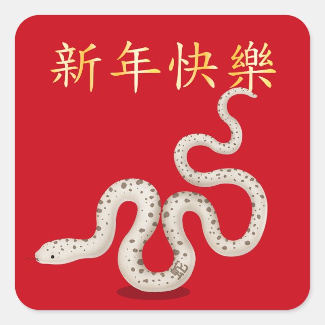 Pegatina Cuadrada "Feliz Año Nuevo" en la serpiente china 2025 (Anverso)