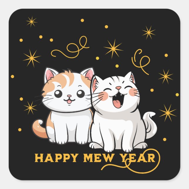 Pegatina Cuadrada Feliz Año Nuevo Fiesta Cat Pun (Anverso)