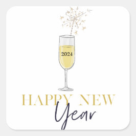 Pegatina Cuadrada Feliz Año Nuevo Fiesta Champagne Sparkler