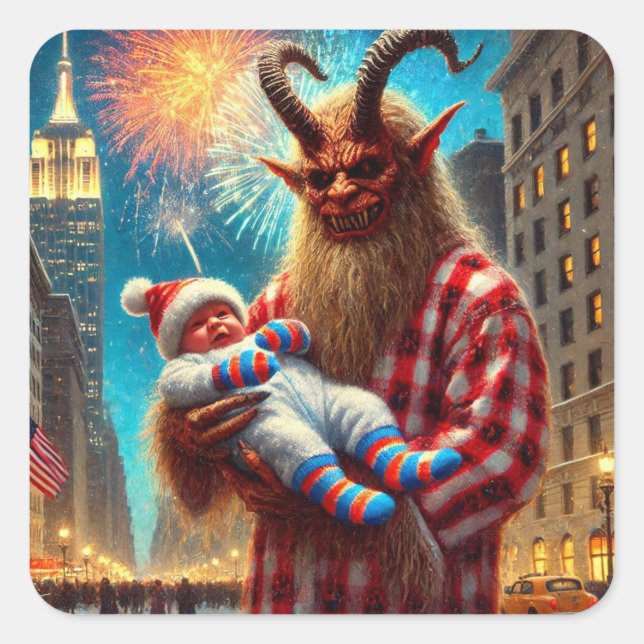 Pegatina Cuadrada Feliz Año Nuevo Krampus (Anverso)