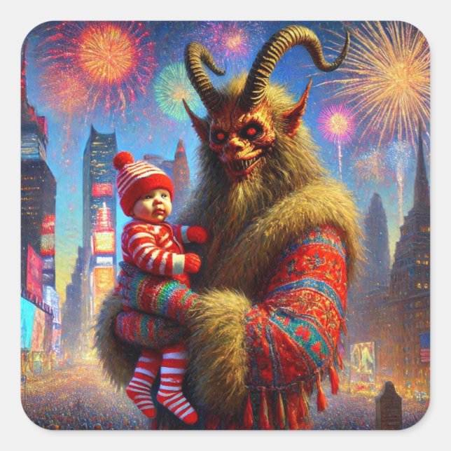 Pegatina Cuadrada Feliz Año Nuevo Krampus (Anverso)