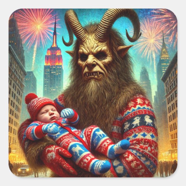Pegatina Cuadrada Feliz Año Nuevo Krampus (Anverso)