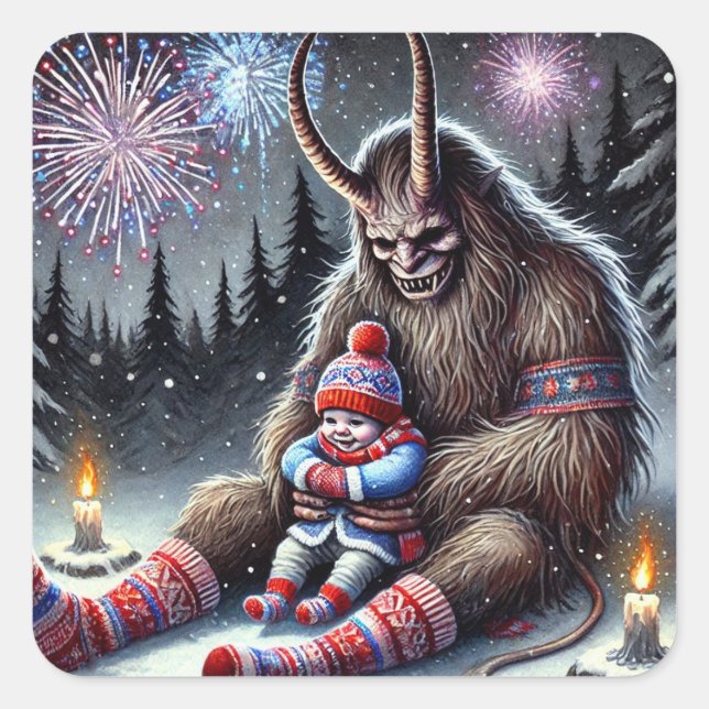 Pegatina Cuadrada Feliz Año Nuevo Krampus (Anverso)