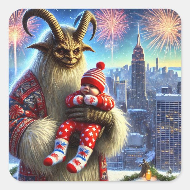 Pegatina Cuadrada Feliz Año Nuevo Krampus (Anverso)