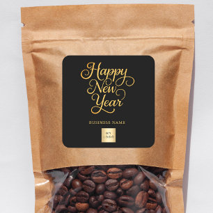 Pegatina Cuadrada Feliz Año Nuevo logo empresarial de oro negro