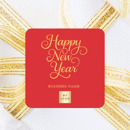 Pegatina Cuadrada Feliz Año Nuevo logo rojo dorado empresarial