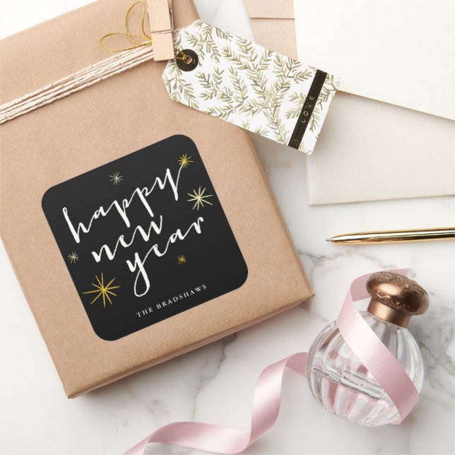 Pegatina Cuadrada Feliz Año Nuevo Moda de escritura moderna Starburs (Regalar)