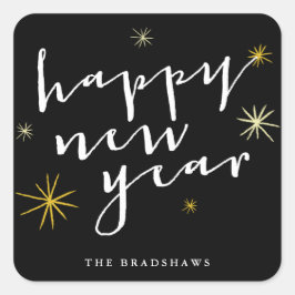 Pegatina Cuadrada Feliz Año Nuevo Moda de escritura moderna Starburs