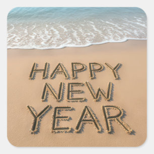 Pegatina Cuadrada Feliz Año Nuevo Orilla del Mar