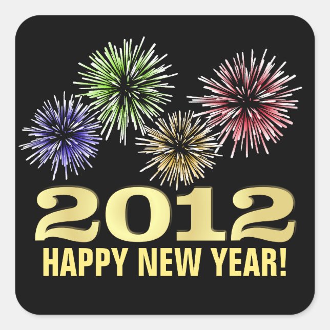 Pegatina Cuadrada Feliz Año Nuevo Pegatinas - 2012 con fuegos artifi (Anverso)