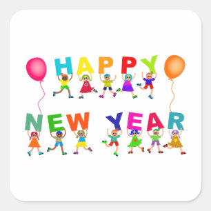 Pegatina Cuadrada Feliz Año Nuevo Personalizado lindo Diversos niños