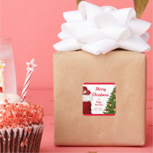 Pegatina Cuadrada Feliz Año Nuevo Personalizado Navidad Alegre Rojo
