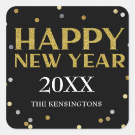 Pegatina Cuadrada Feliz Año Nuevo Purpurina Sparkle Confetti