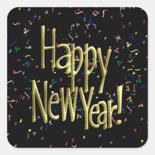 Pegatina Cuadrada Feliz Año Nuevo - Texto de oro sobre el Confetti n