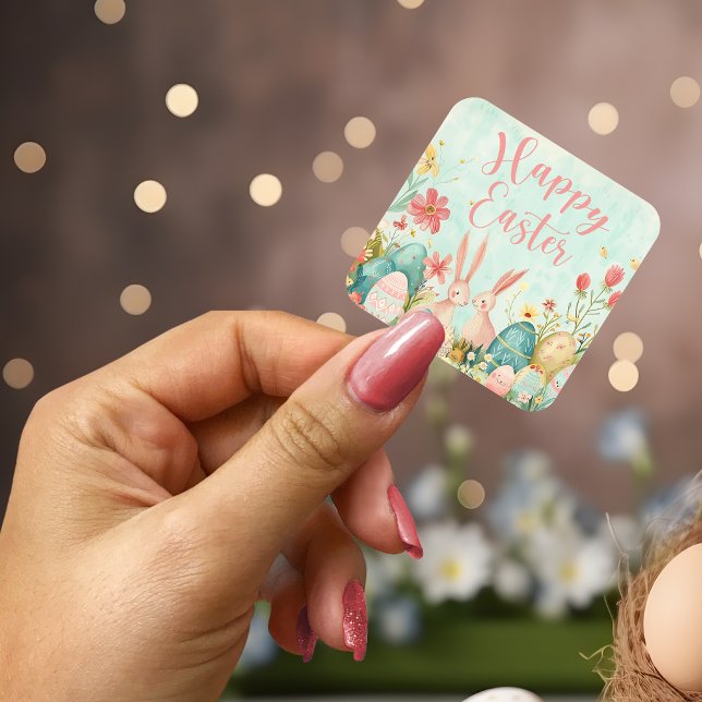 Pegatina Cuadrada Feliz Año Pascua (Happy Easter light green watercolor Square Sticker)