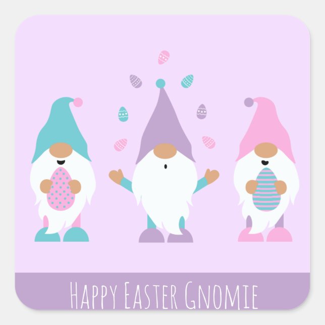 Pegatina Cuadrada Feliz Año Pascua Gnomie jadeando huevos de Pascua (Anverso)