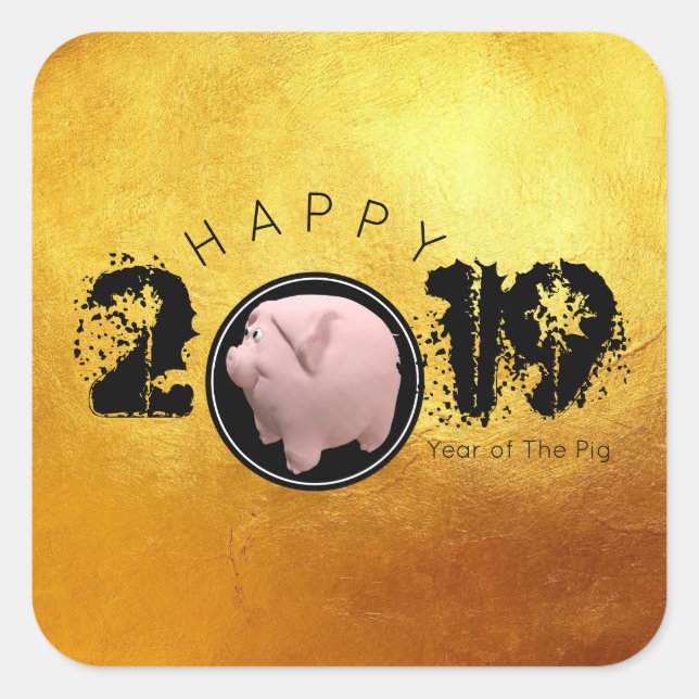 Pegatina Cuadrada Feliz Año PIg 2019 Original 3D plaza dorada S (Anverso)