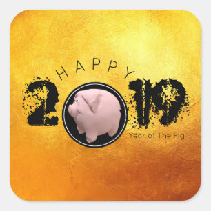 Pegatina Cuadrada Feliz Año PIg 2019 Original 3D plaza dorada S