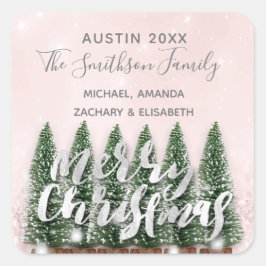 Pegatina Cuadrada Feliz Árbol de Navidad Oro Lámparas de Invierno Ro