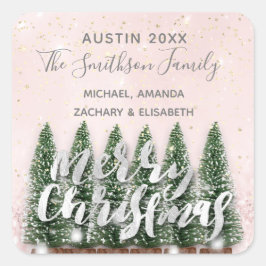 Pegatina Cuadrada Feliz Árbol de Navidad Oro Lámparas de Invierno Ro