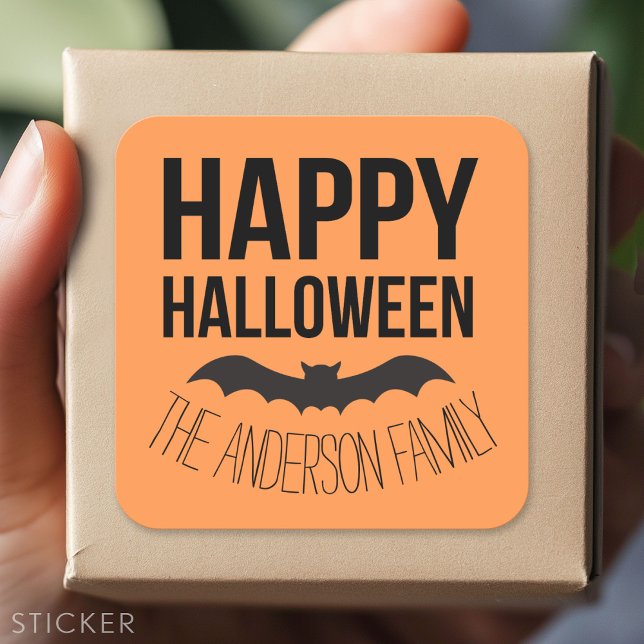 Pegatina Cuadrada Feliz Bat de Halloween con nombre negro (Custom Sticker - Personalize with your info for a party favor or gift)
