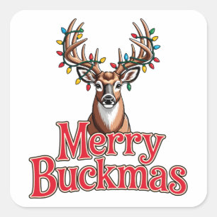 Pegatina Cuadrada Feliz Buckmas Ciervo Cabeza Cazador Fiesta Navidad