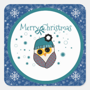 Pegatina Cuadrada Feliz búho de Navidad: estela festiva