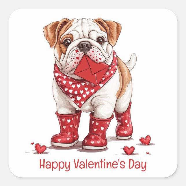 Pegatina Cuadrada Feliz Bulldog en inglés de San Valentín (Anverso)