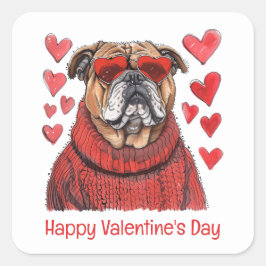 Pegatina Cuadrada Feliz Bulldog en inglés de San Valentín