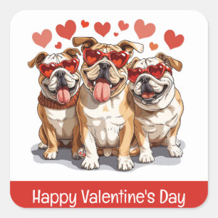 Pegatina Cuadrada Feliz Bulldog en inglés de San Valentín