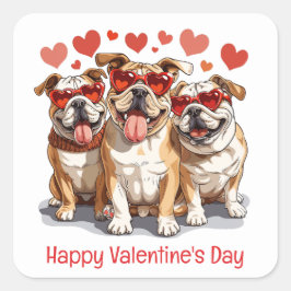 Pegatina Cuadrada Feliz Bulldog en inglés de San Valentín