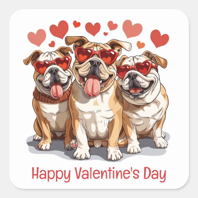 Pegatina Cuadrada Feliz Bulldog en inglés de San Valentín (Anverso)