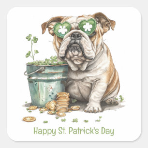 Pegatina Cuadrada Feliz Bulldog en inglés del Día de San Patricio