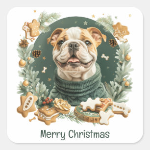 Pegatina Cuadrada Feliz Bulldog inglés navideño