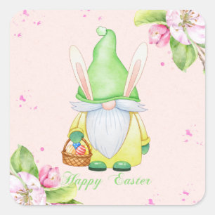 Pegatina Cuadrada Feliz Bunny Gnome de Pascua