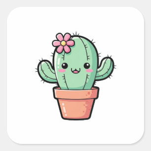 Pegatina Cuadrada Feliz Cactus Kawaii – Ilustración Adorable