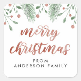 Pegatina Cuadrada Feliz caligrafía navideña cerezo botánico