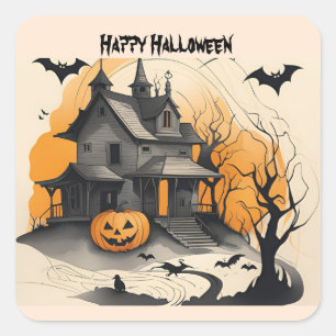 Pegatina Cuadrada feliz casa de Halloween
