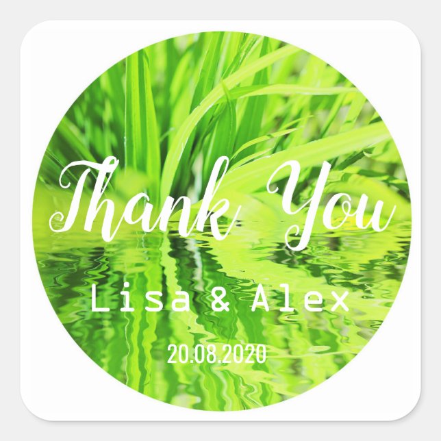 Pegatina Cuadrada Feliz césped verde Gracias Sticker de boda (Anverso)