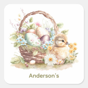 Pegatina Cuadrada Feliz Cesta de Pascua y Duckling Personalizado
