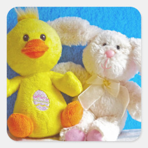 Pegatina Cuadrada Feliz Chick de Pascua + Conejo