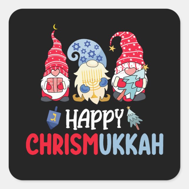 Pegatina Cuadrada Feliz Chrismukkah Gnomes Hanukkah Feliz Navidad (Anverso)