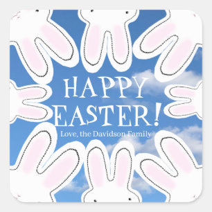 Pegatina Cuadrada Feliz cielo de Pascua azul lindo beeking bunnies d
